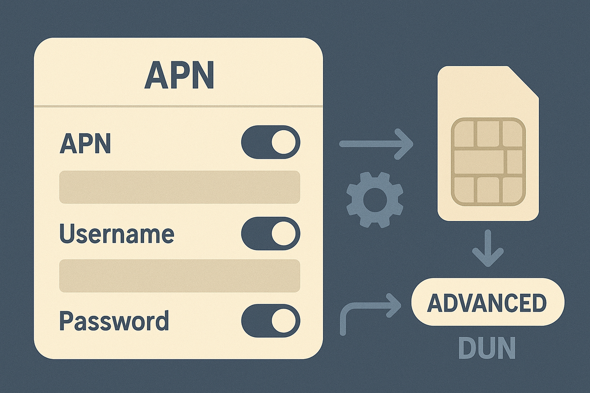 Rakuten Mobile APN manual setup—APN fields, SIM icon, and ADVANCED DUN toggle—step-by-step guide to enable tethering when auto-config fails, precise and reassuring