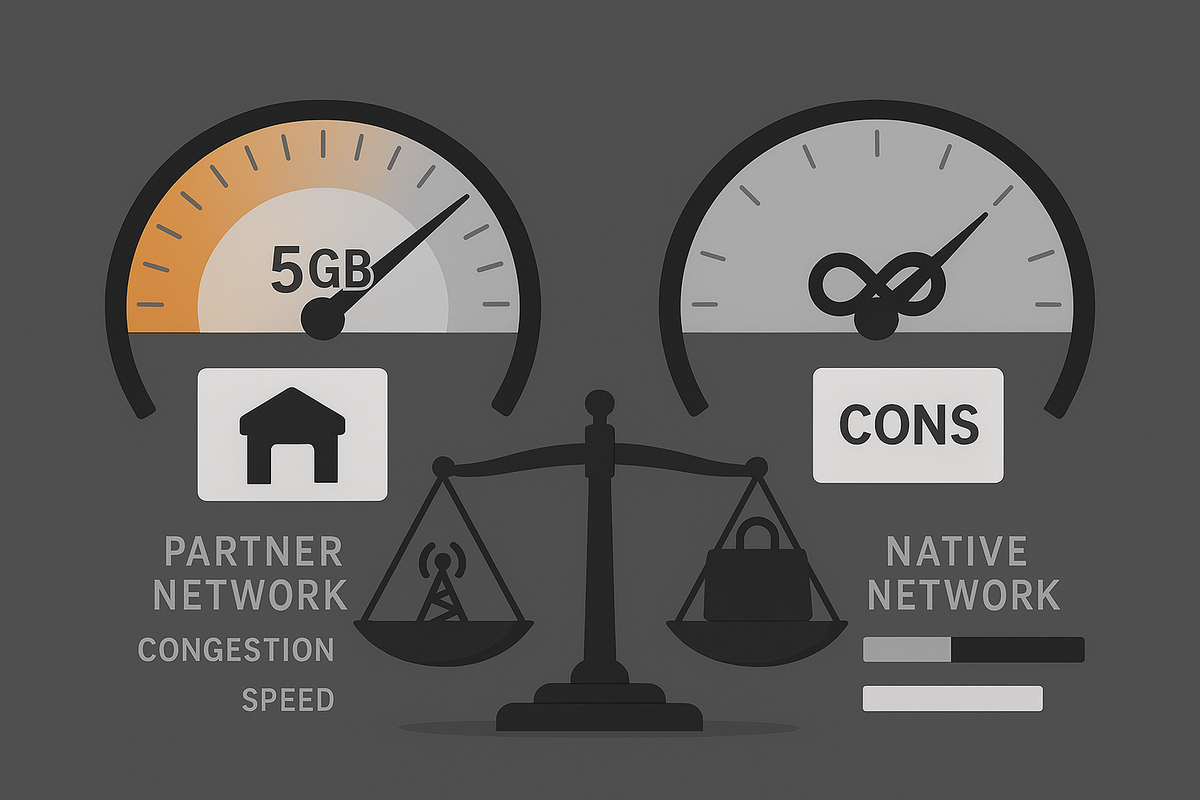 Tethering limits vs freedom—partner network 5GB cap gauge versus native network infinity gauge, congestion and speed bars with balance scale—cautious yet empowering data-driven view