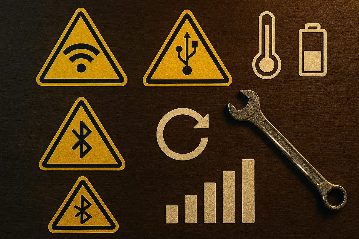 Troubleshooting toolkit for tethering—warning signs for Wi-Fi/USB/Bluetooth, overheating and battery icons, restart arrow and wrench, signal bars rising—fast fixes, resilient optimism