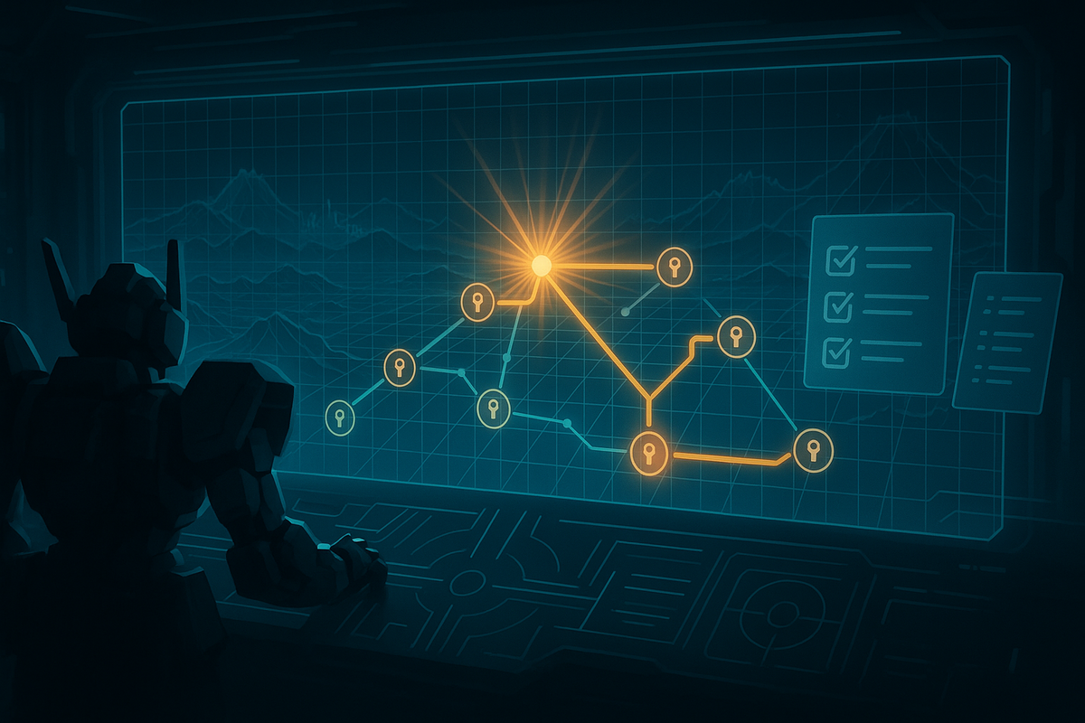 Tactical mecha pilot at a glowing hologram—branching routes with key icons and a golden unlock burst, checklist panel—hidden-route roadmap for a Y-style SRPG, high-stakes strategy, completionist hype