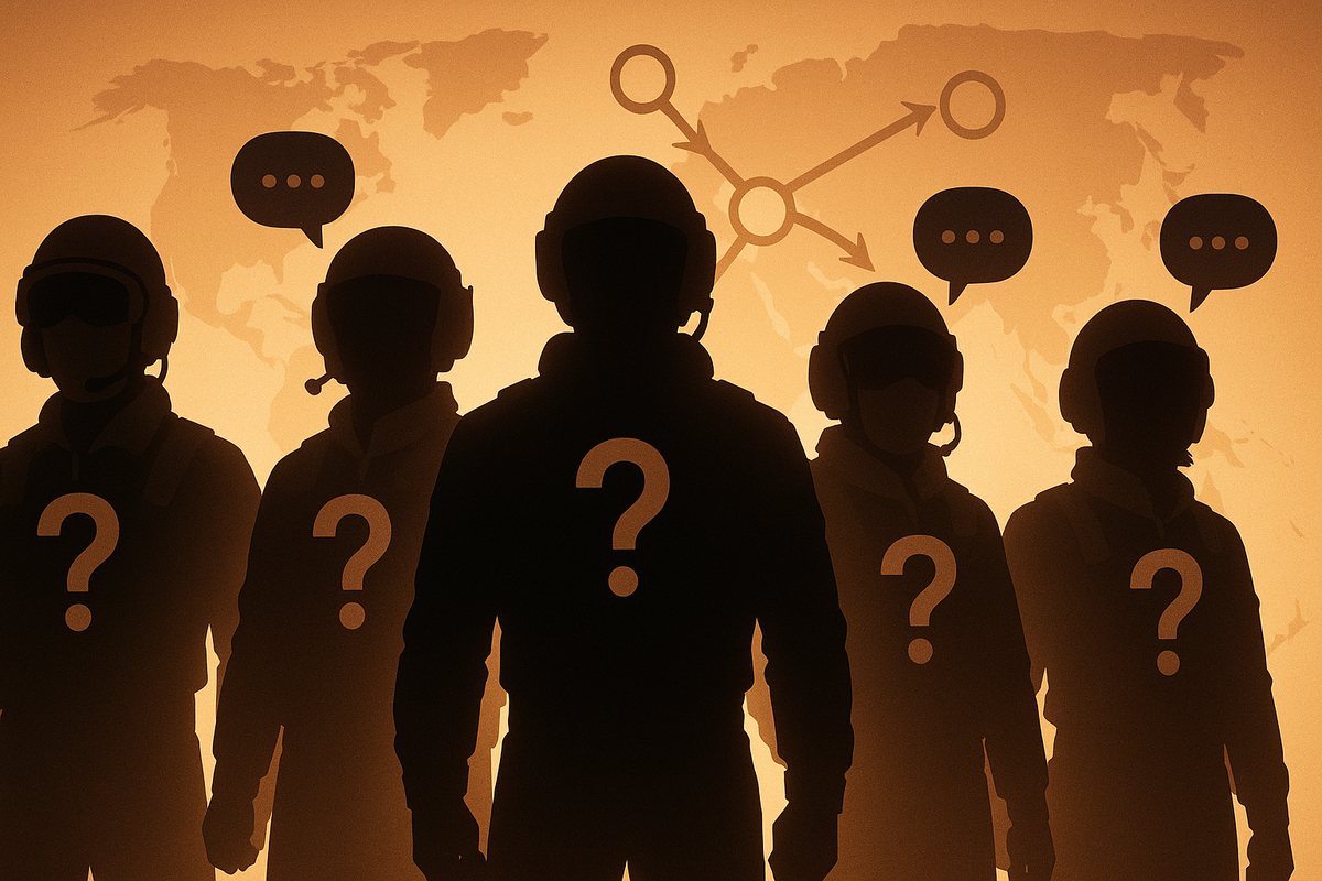 Five shadowed pilots with question marks over a world map—recruitment clues, persuade flags, dialogue bubbles—secret character unlock guide for a mecha tactics game, thrilling discovery energy