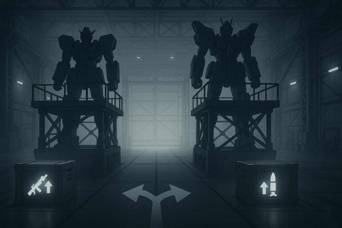 Moody mech hangar—two giant frames facing a forked path; upgrade crates show rifle and missile icons—choose hidden machine/weapon upgrades, decisive build-making tension