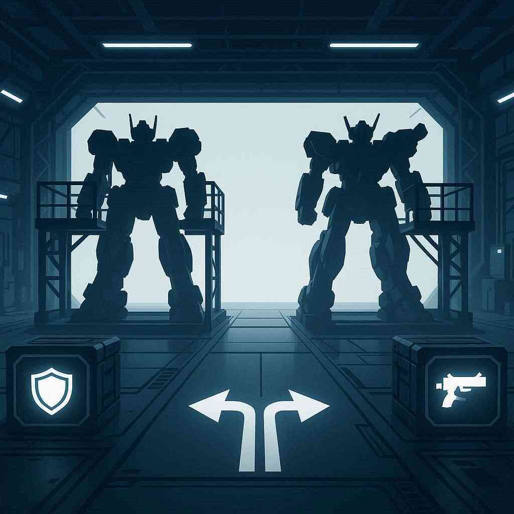 Backlit hangar split—defense shield vs attack gun icons beside two mechs—branch decision for tank or striker builds, hidden enhancement route, clutch optimization vibes