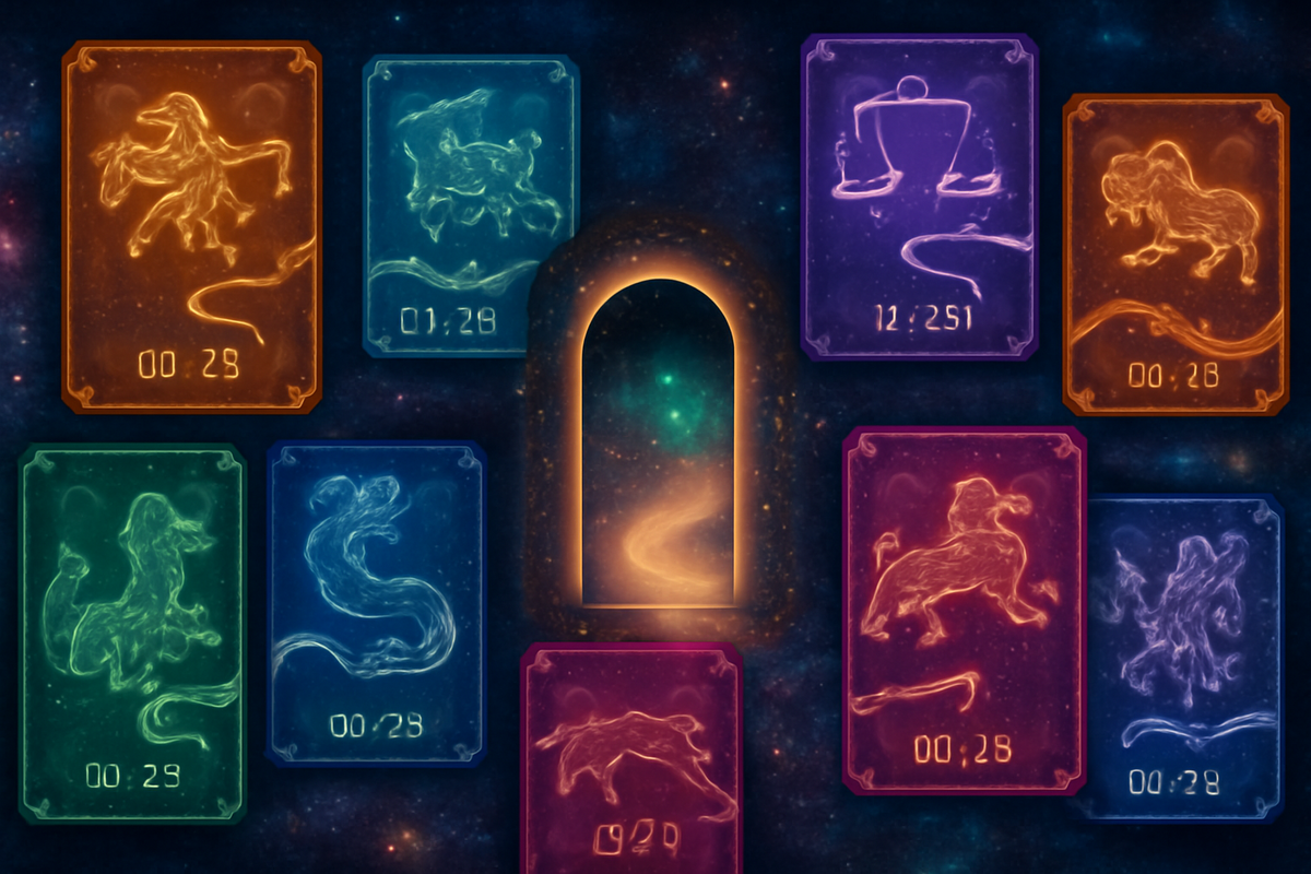 Cosmic deck of neon event cards with zodiac-like symbols circling a portal—birthdate/blood-type style settings that open secret missions—mystic, destiny-soaked unlock feeling