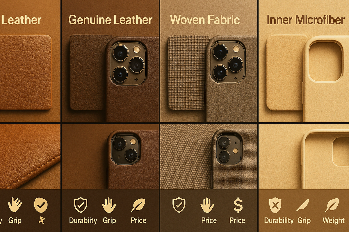 Material comparison matrix for OPPO A5x folio cases—PU leather, genuine leather, woven fabric, inner microfiber—close-up textures with icons for durability, grip, price, weight—tactile, cozy, premium feel at a glance