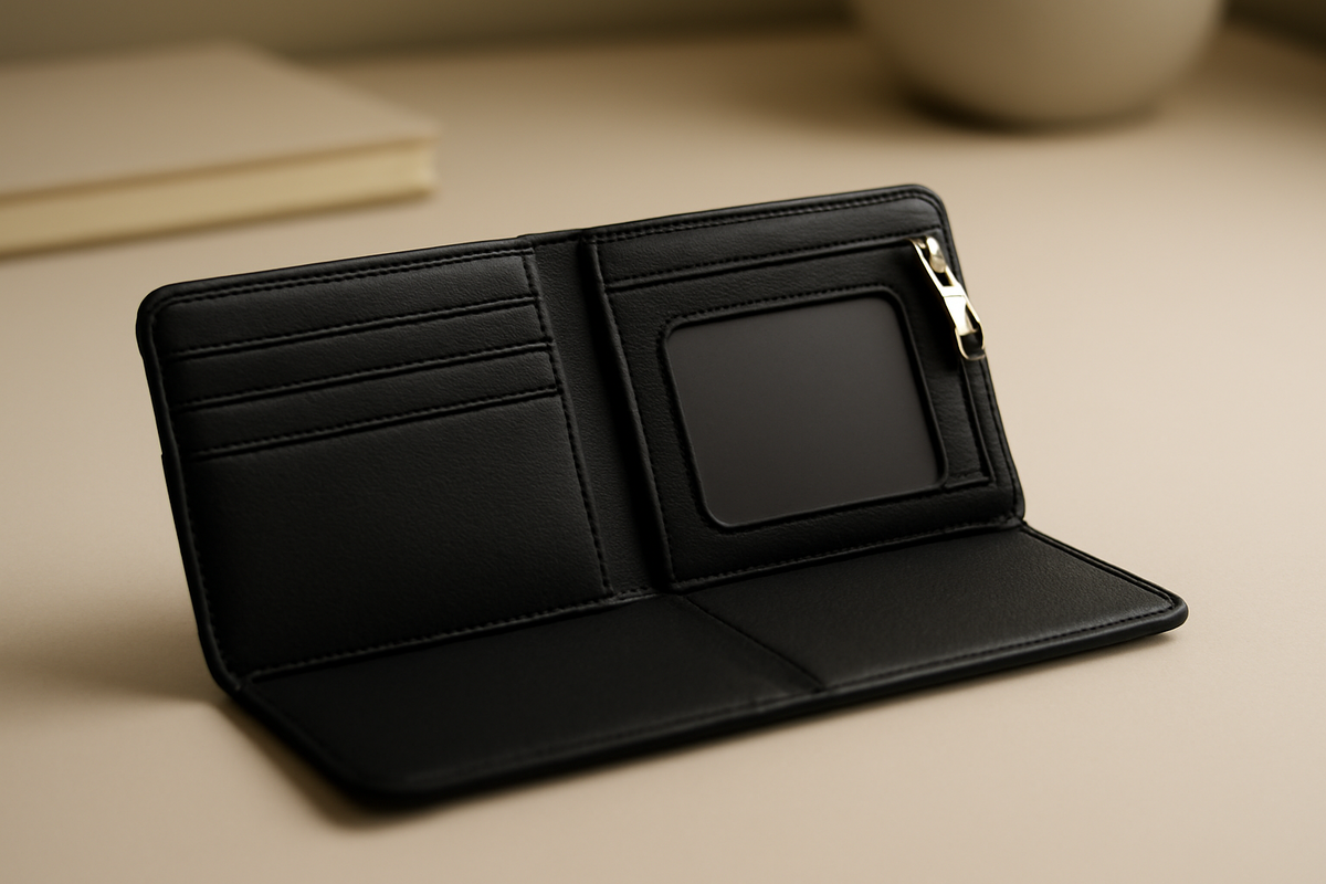 Open wallet-style phone case interior—three card slots, windowed ID pocket, zipper coin section—sleek black finish for OPPO A5x—organized, practical, everyday peace-of-mind storage