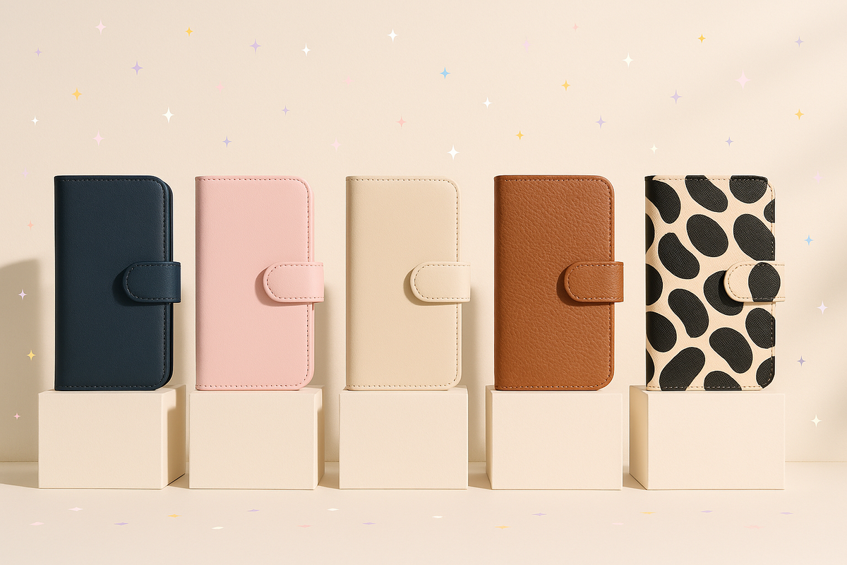 Runway lineup of cute folio cases on pedestals—navy elegant, pastel pink, cream minimal, camel textured, bold polka-dot—sparkling backdrop—fashion-forward, playful vibes for OPPO A5x
