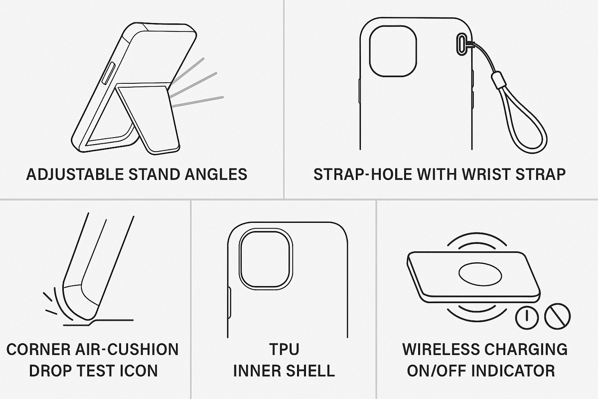 Feature sketchboard for OPPO A5x wallet cases—adjustable stand angles, strap-hole with wrist strap, corner air-cushion drop protection, TPU inner shell, wireless-charging on/off indicator—functional, smart, future-proof