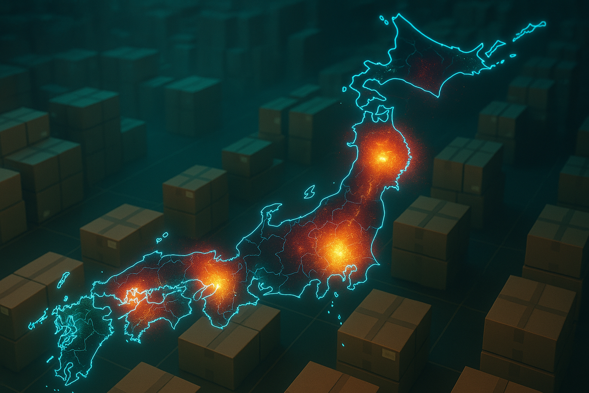 Japan map glowing with fiery hotspots over a sea of shipping boxes—regional inventory heatmap, Kanto/Kansai/Tohoku pulses, analytical yet urgent mood signaling uneven stock waves and rising demand