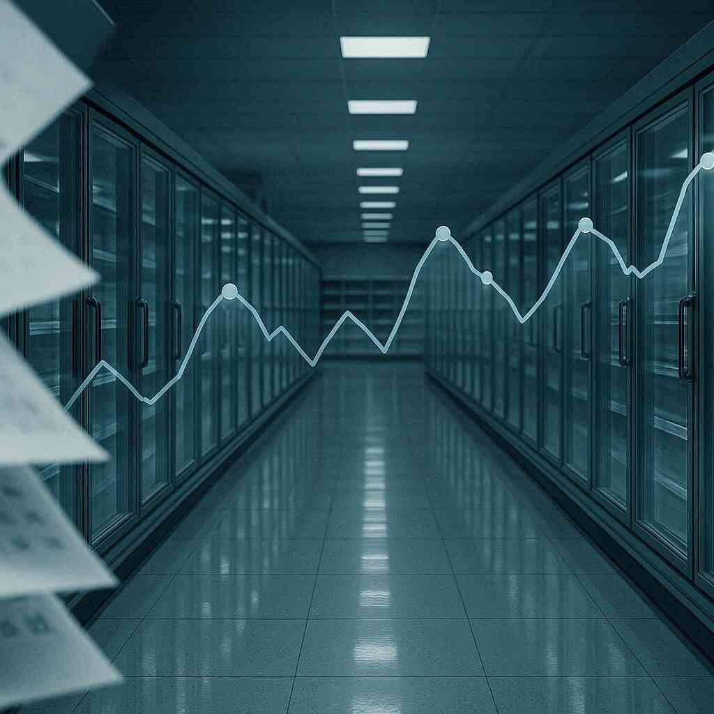 Silent store aisle with a floating line graph—ups and downs of release-day supply, weekend spikes, cool bluish tone, suspenseful pattern-finding energy and data-driven anticipation