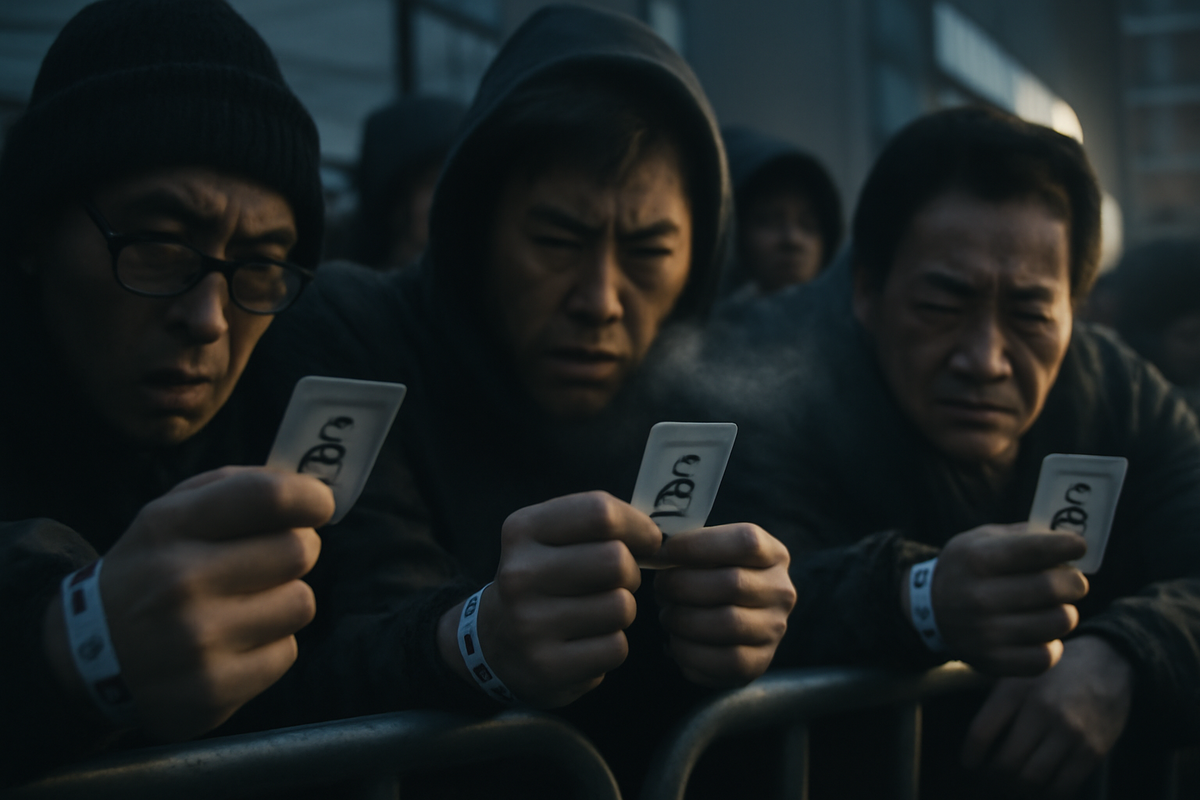 Close-up of shivering hands clutching numbered tickets at the barricade—frosty breath, knit hoods, worry and hope colliding, raw adrenaline of a high-stakes queue for scarce consoles