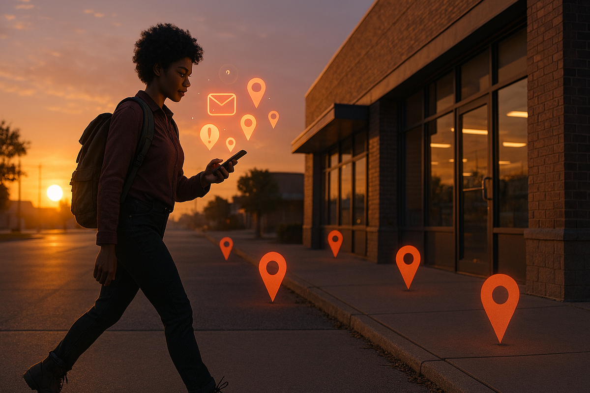 Sunrise mission—determined shopper walking past a suburban storefront while checking phone alerts, floating map pins guiding the route, hopeful strategy energy to secure a console before opening
