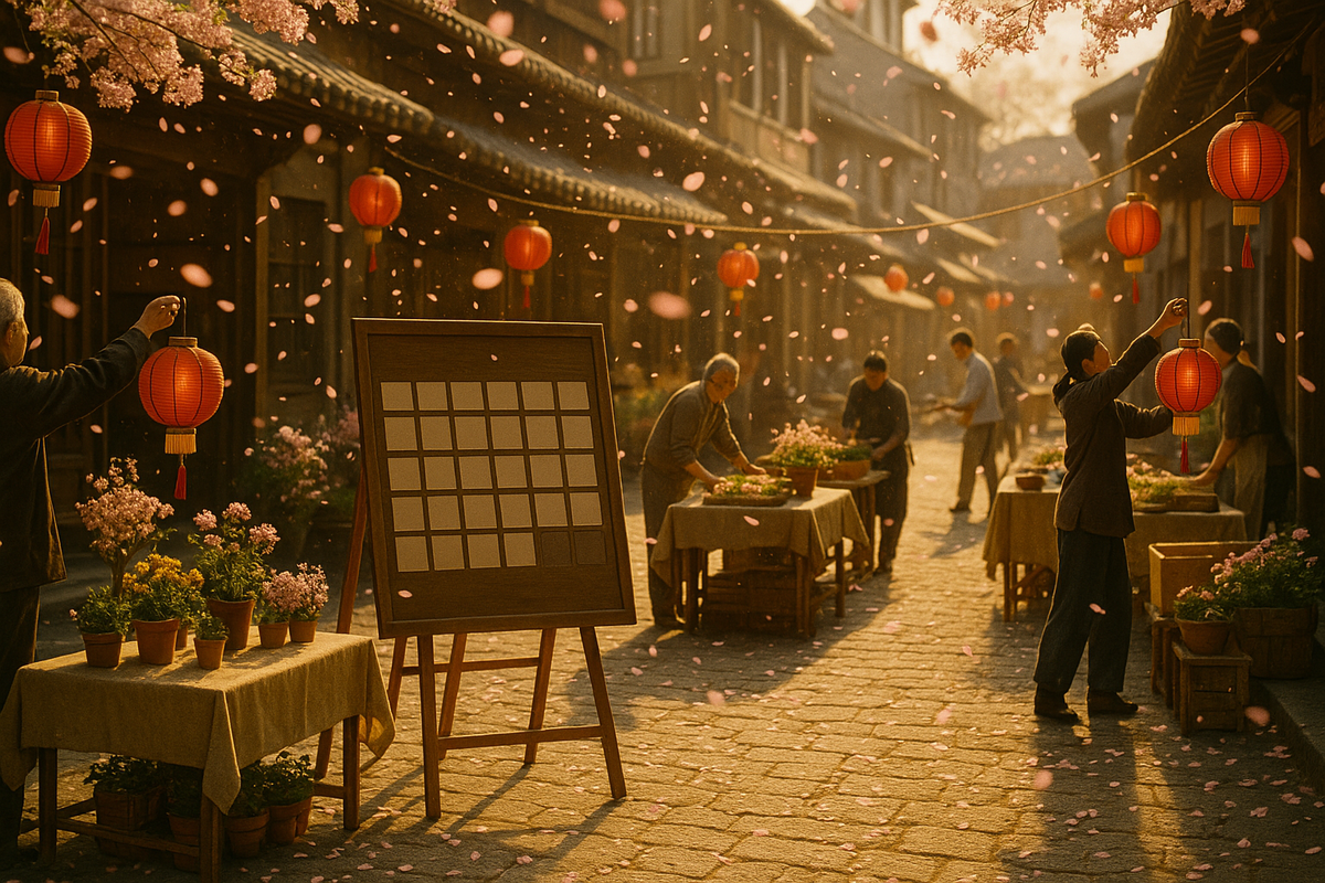 Golden-hour spring bazaar street—lanterns glowing, cherry petals swirling, villagers setting flower stalls around a blank calendar board—festive, nostalgic, welcoming energy