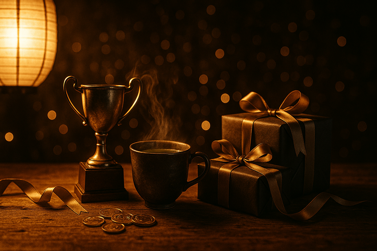 Lantern-lit reward haul—bronze trophy, steaming green tea, ribboned gift boxes and coins on wood—cozy celebration, satisfying loot, warm sparkle bokeh