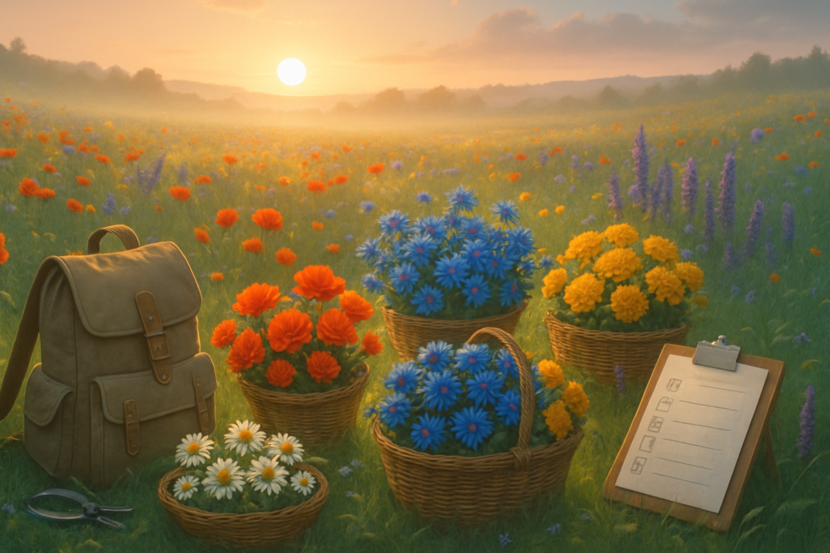 Sunrise over a wildflower meadow—baskets neatly sorted by colors, backpack, clippers and a clean checklist—calm focus, efficient prep, hopeful productivity