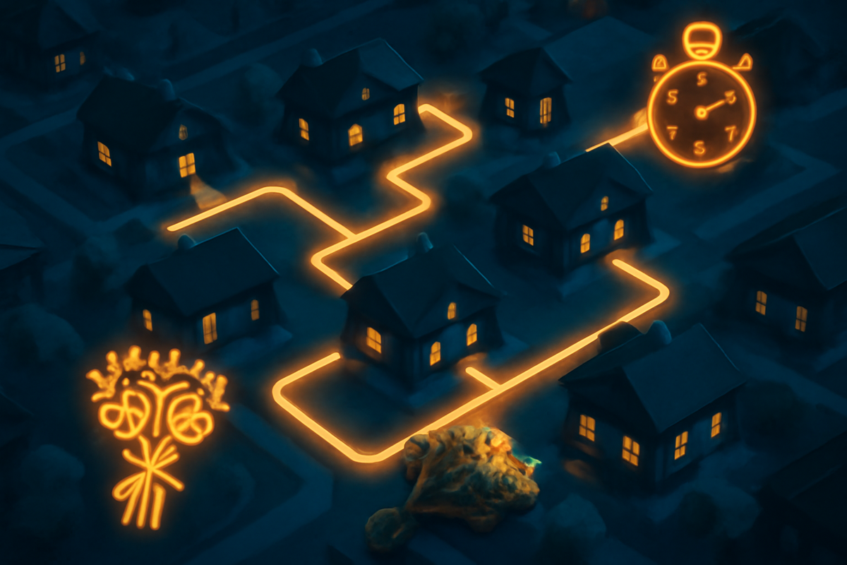Nighttime town map—glowing optimal route between homes, stopwatch and bouquet icons—speedrun strategy, sharp planning, determined victory vibe