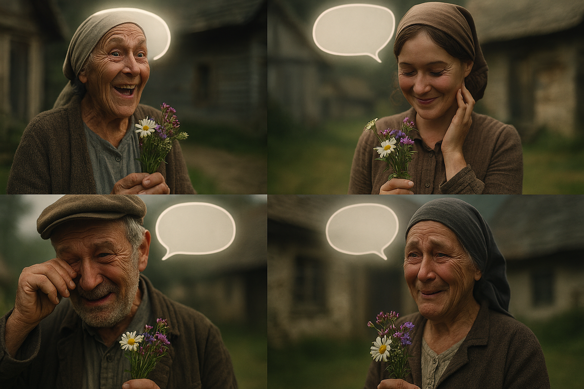 Four tender portraits—villagers holding tiny bouquets with soft speech-bubble glow—surprised smiles, shy joy, teary gratitude—intimate, heartwarming connection energy