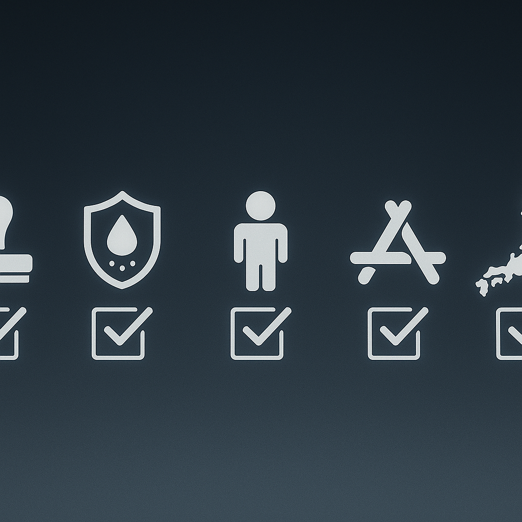 Five must-check icons with green ticks—certification stamp, waterproof/dustproof shield, shock-test figure, app-compatibility badge, Japan coverage map—calm checklist clarity, buyer-protection energy
