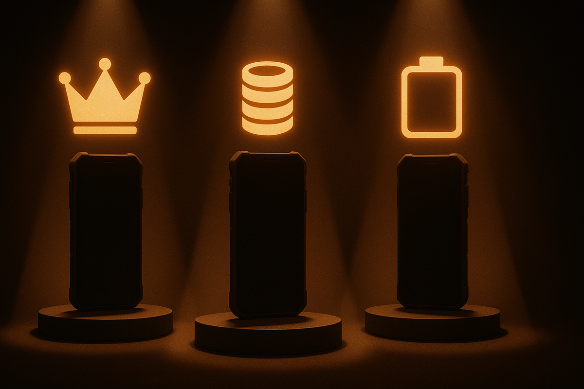 Three rugged phones on spotlit pedestals—crown for overall champion, coin stack for best value, big battery for longest life—excited showroom glow, decisive pick-at-a-glance
