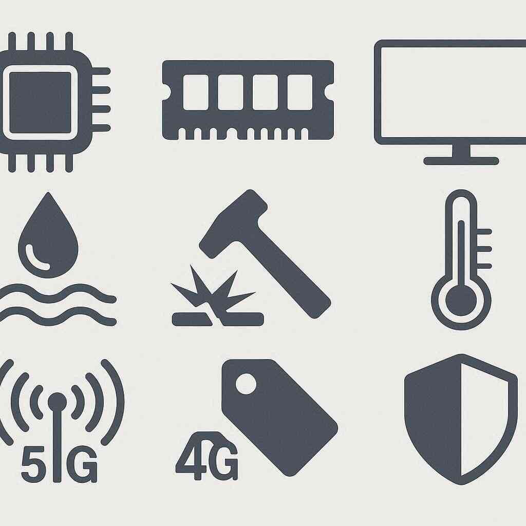 Icon grid comparing rugged specs—chip, RAM, display; water resistance, impact and temperature; 5G/4G bands, price and protection—clean, data-driven, trustworthy overview