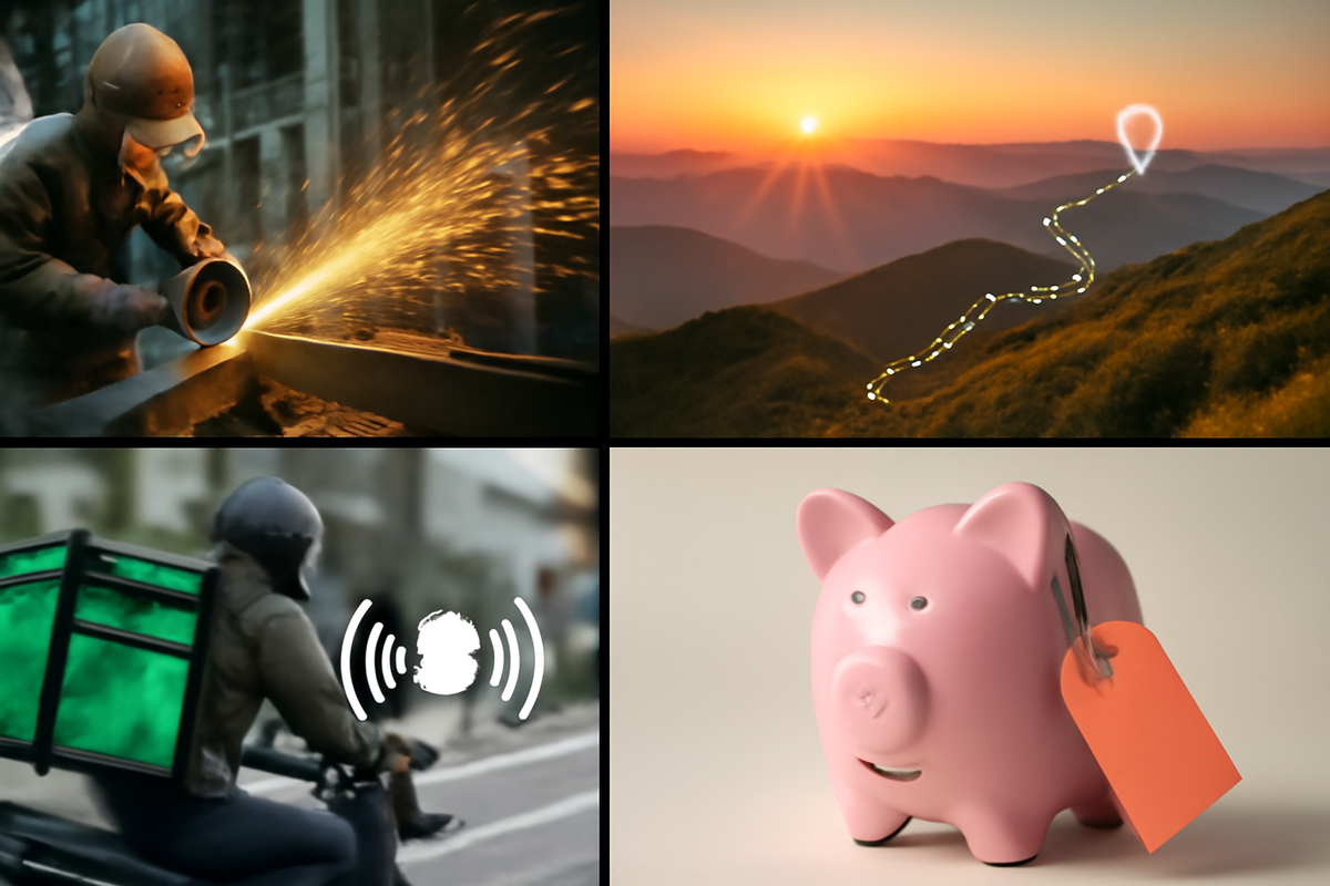Use-case collage—construction sparks for extreme toughness, sunrise mountain trail for GPS & battery stamina, motorcycle courier with vibration icon for ride-proof setup, piggy bank for budget—empathetic, real-life guidance