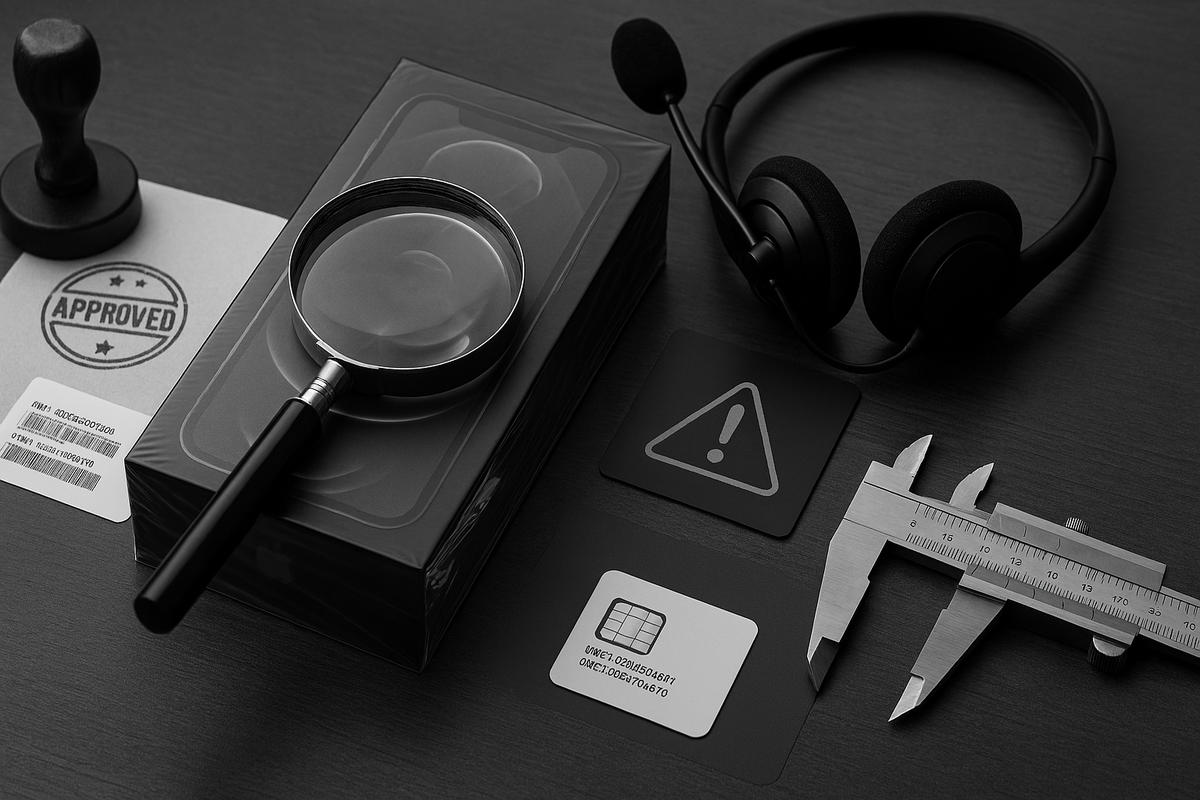 Pre-purchase inspection desk—magnifying glass over sealed box and IMEI card, approved stamp, support headset, warning triangle, metal calipers for weight/size—protective, scam-proof peace-of-mind vibe