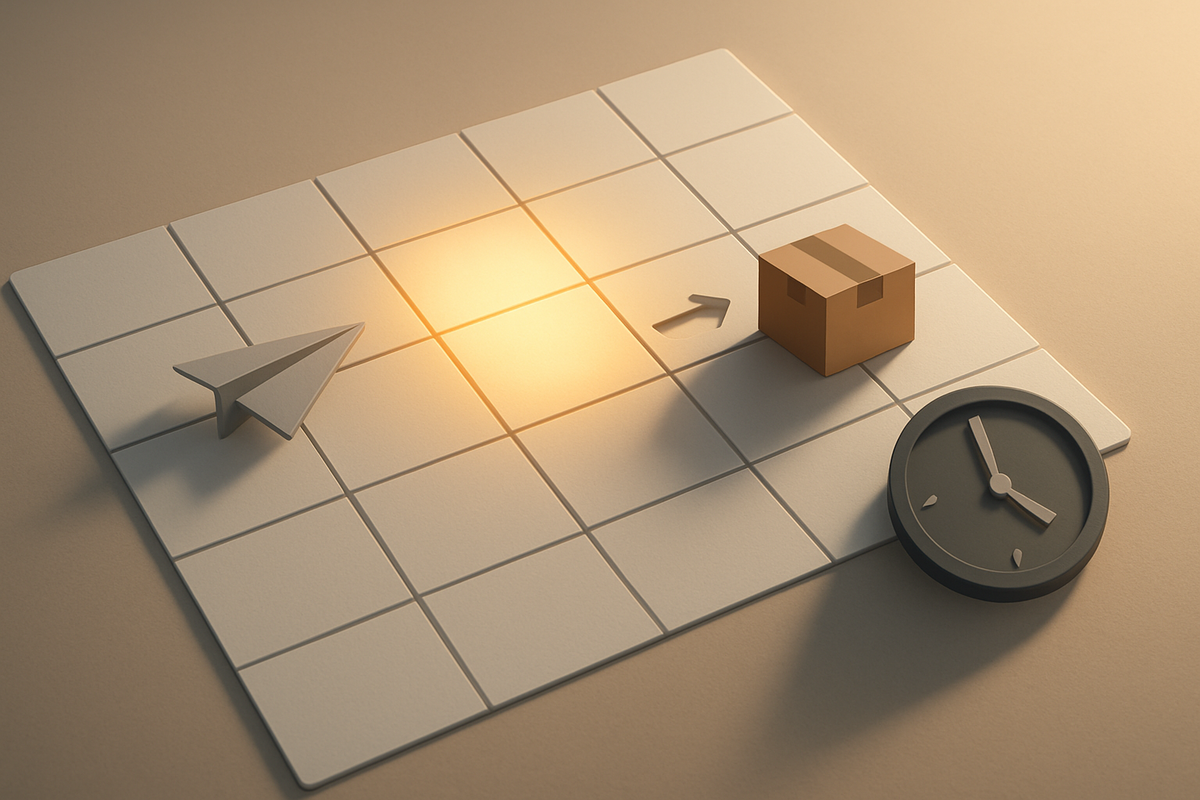 Minimal calendar with a bright 9/4 tile, paper plane to package, and clock—preorder timeline and launch schedule at a glance—gentle urgency, countdown excitement