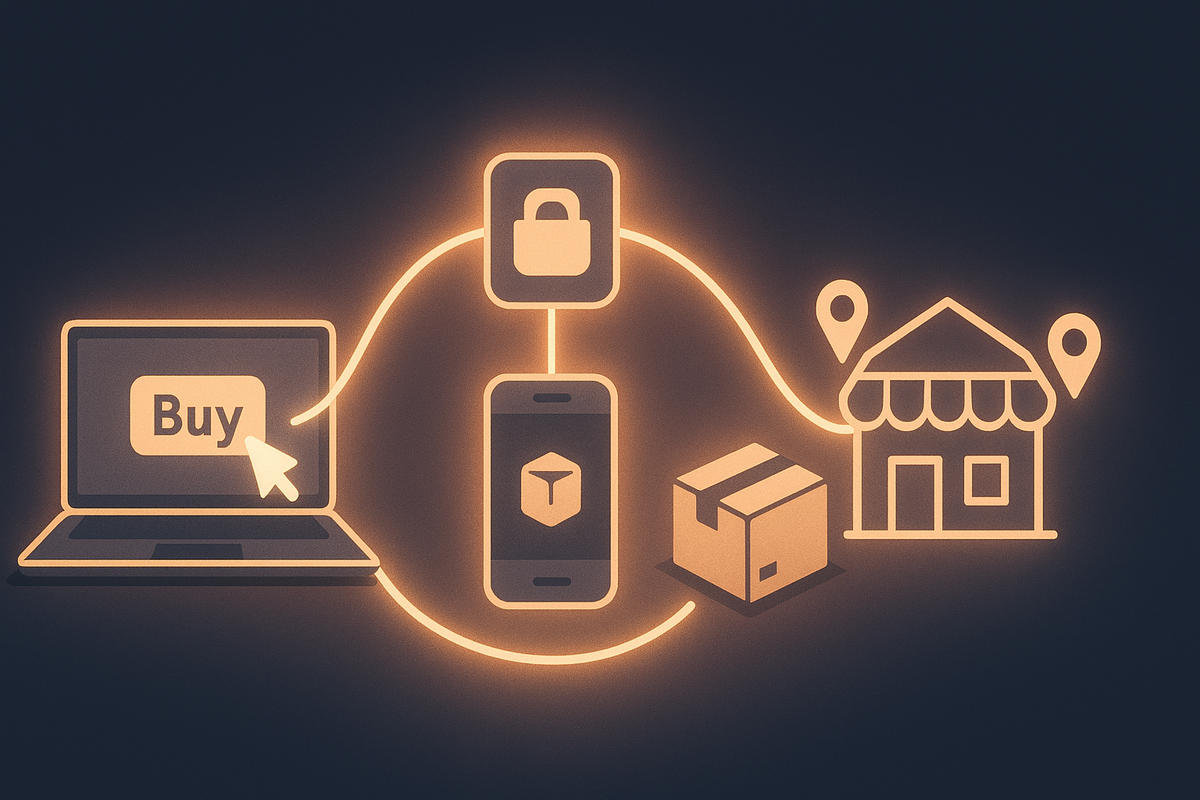 Seamless reservation flow—laptop Buy button → mobile app/account → package → storefront with location pins—how to reserve online and in-store, smooth guidance, zero-stress confidence