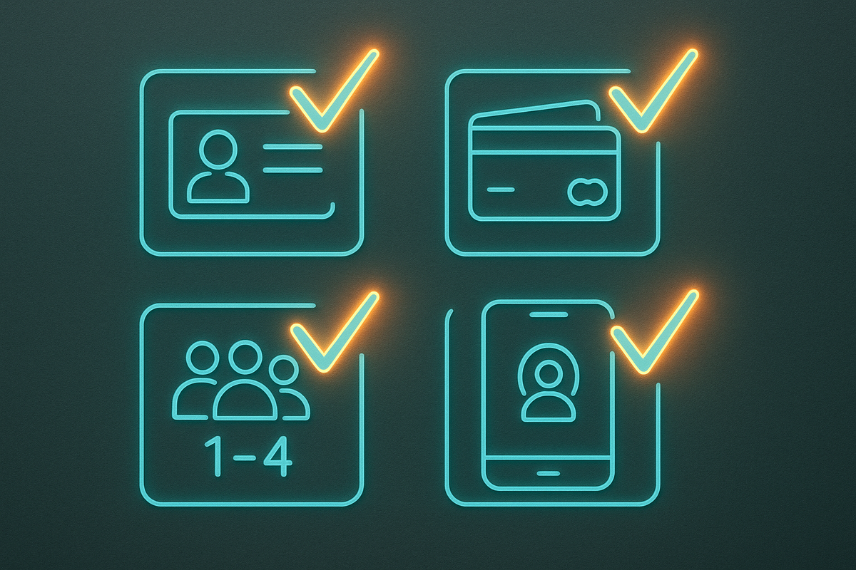 Neon checklist for lottery entry—ID verification, payment method ready, group size 1–4, smartphone login—calm readiness and zero-stress prep for a smooth reservation