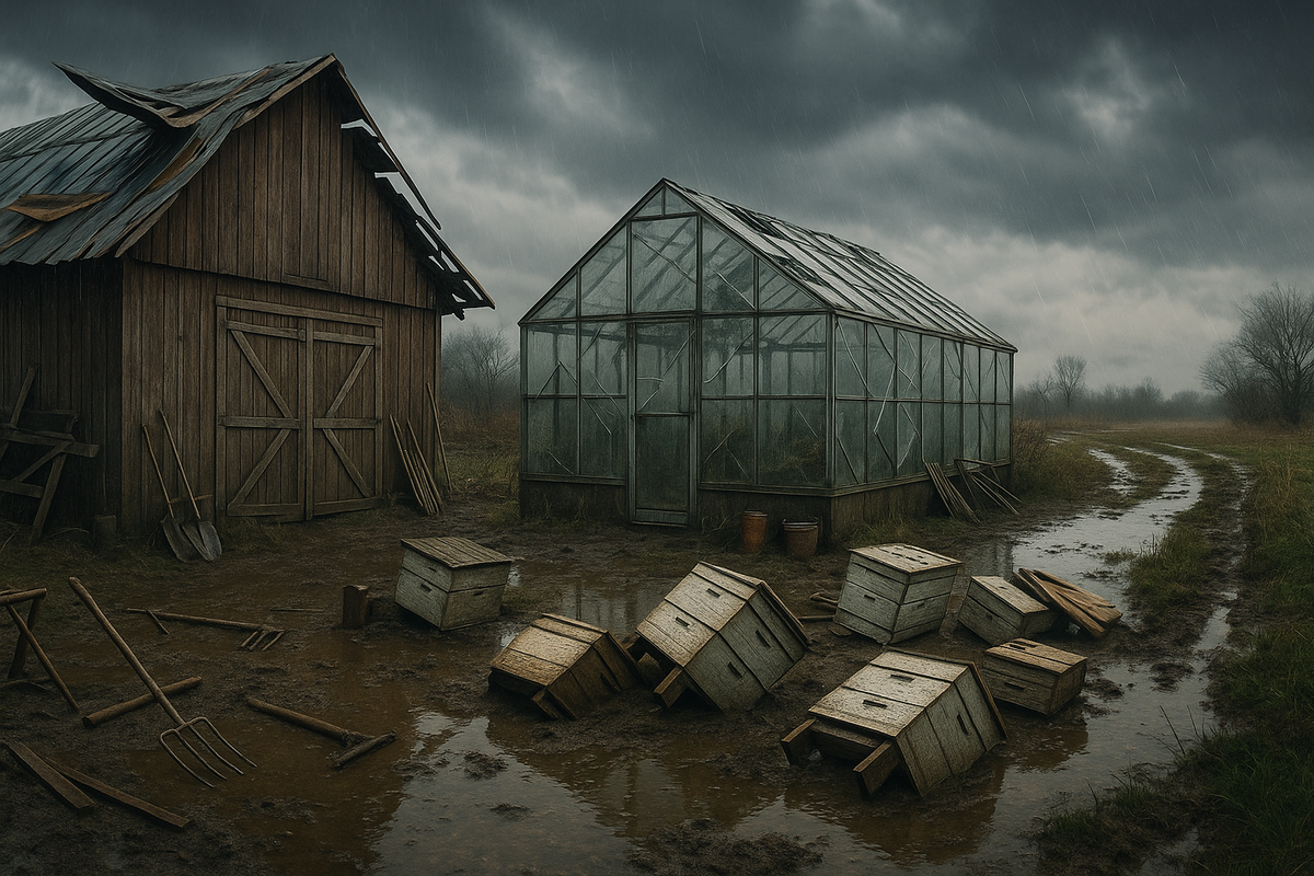 After-storm farm damage: barn roof peeled, greenhouse glass cracked, toppled beehives in muddy puddles—heart-sinking loss, soggy chaos, vulnerable rural life under a typhoon