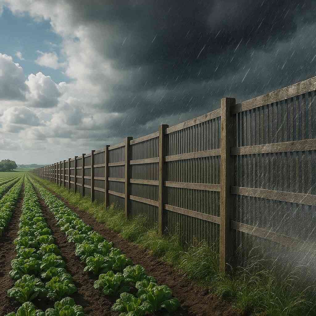 Windbreak fence shielding tidy vegetable rows—left side calm and bright, right side storm-dark with rain—hopeful resilience, smart preparation, dramatic before-and-after contrast