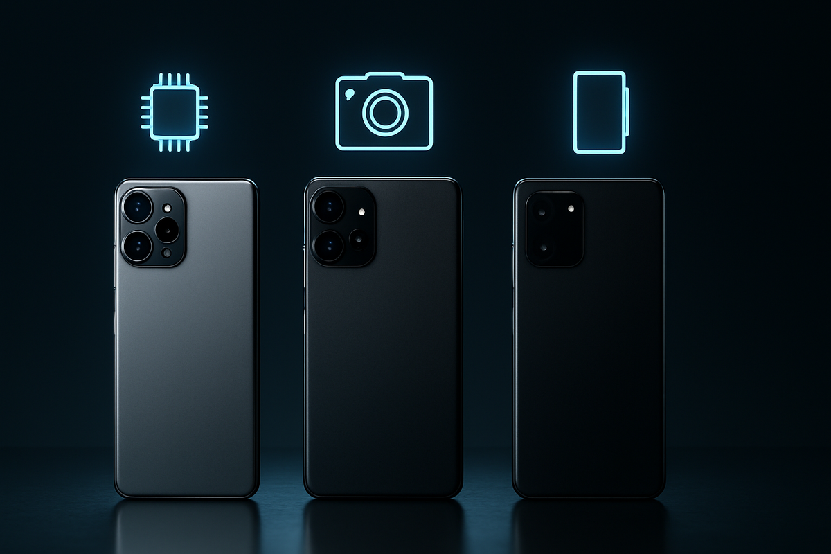 Side-by-side phones with neon chip/camera/battery icons—clean spec comparison, data-driven clarity, decisive energy to pick the right 2025 model