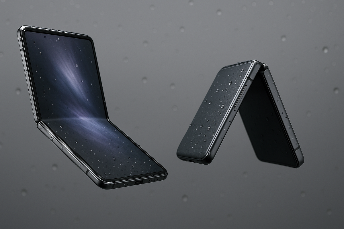Two water-beaded foldable phones floating—book-style and clamshell—ultra-thin, light, resilient; hinge confidence, futuristic elegance, calm storm vibe