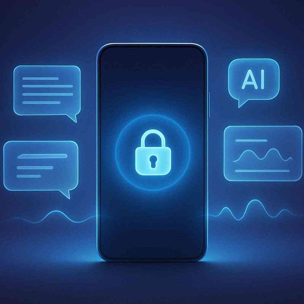 Phone with a glowing lock surrounded by AI chat, translate, and analytics bubbles—private by design, serene blue trust, intelligent helper power