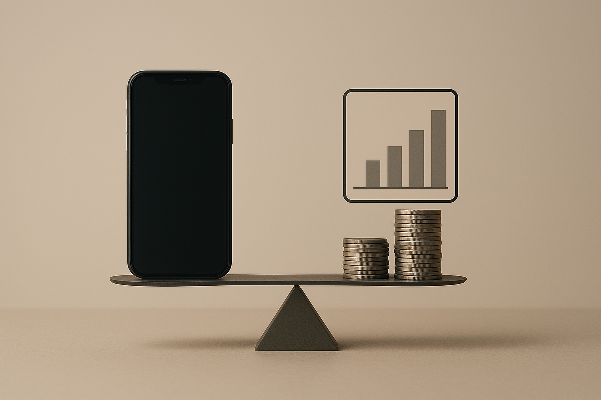 Minimal balance scale—phone versus stacks of coins with a rising value chart—clear cost-benefit story, savvy savings, confident buying mood
