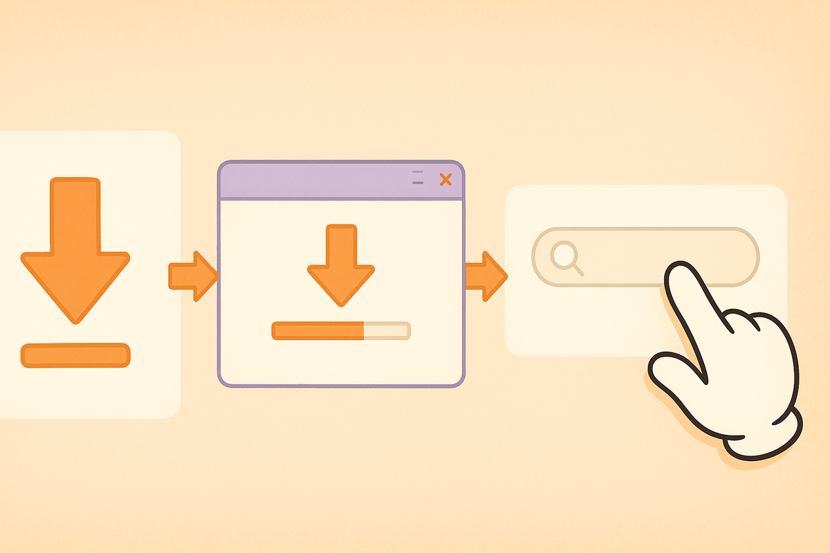 Gentle step-by-step flow—download → install progress → search bar tap—beginner-safe WeMod setup walkthrough, hand-holding clarity, stress-free pastel tutorial energy