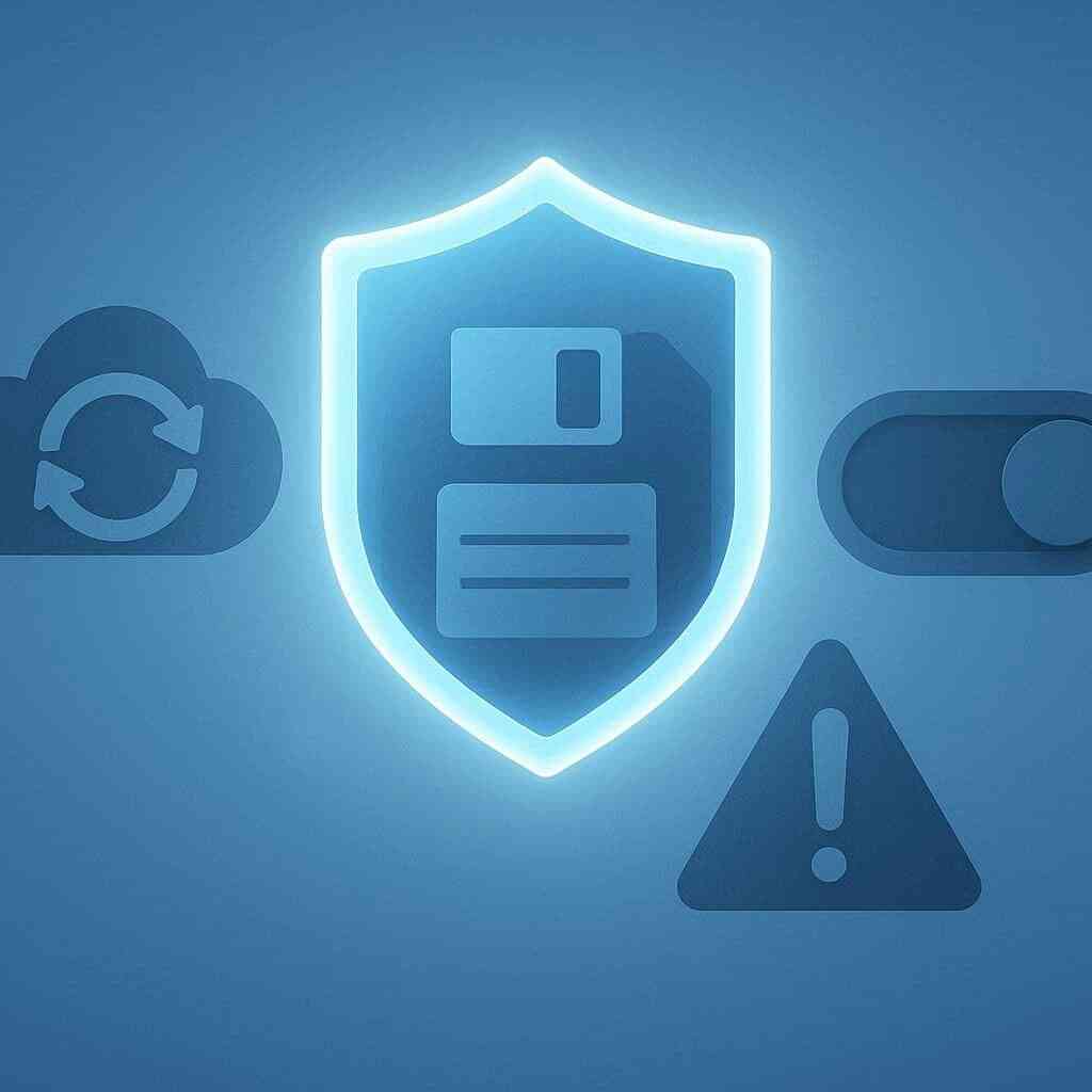 Glowing safety shield over a save icon—cloud sync loop, warning triangle, on/off switch—backup first, update compatibility, offline caution—calm, protective, responsibility vibes