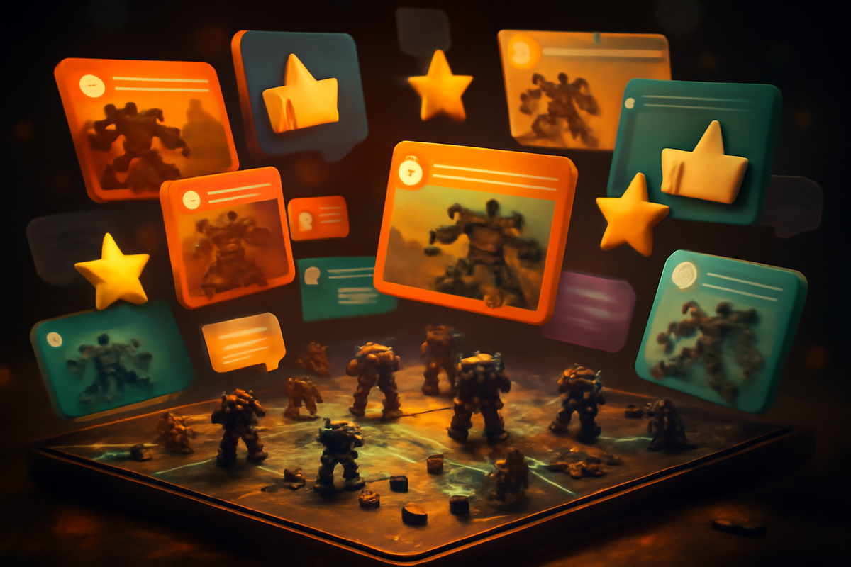 Community collage above a strategy board—stars, likes, comment cards with mecha snapshots—crowdsourced wisdom, buzzing fan energy, real players sharing favorite mod uses