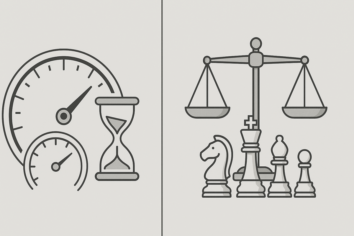 Split comparison—speedometers and shrinking hourglass vs balanced scales with chess pieces—MOD play for faster runs versus vanilla strategy tension—fair, insight-driven evaluation