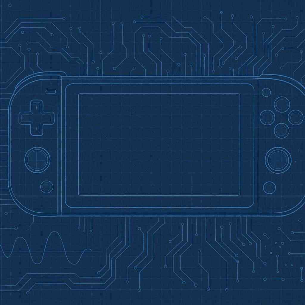 Blueprint handheld with circuit traces and tiny markers—hidden 20.4 tweaks, refined controller recognition, quieter network tuning, platform-level optimization—curious tech-lab vibe