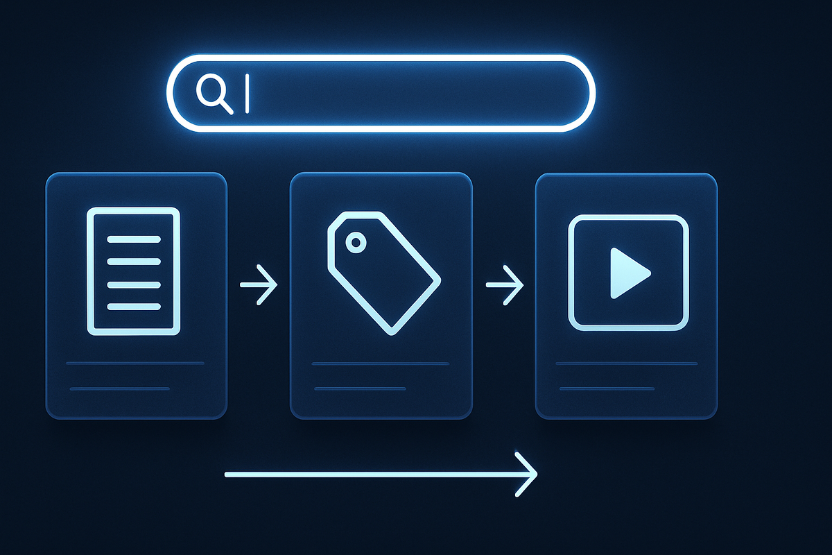 Glowing search bar above three Discover cards—guide icon → tag icon → play icon—basics-to-deals-to-action funnel, clean blueprint clarity, future-proof SEO flow