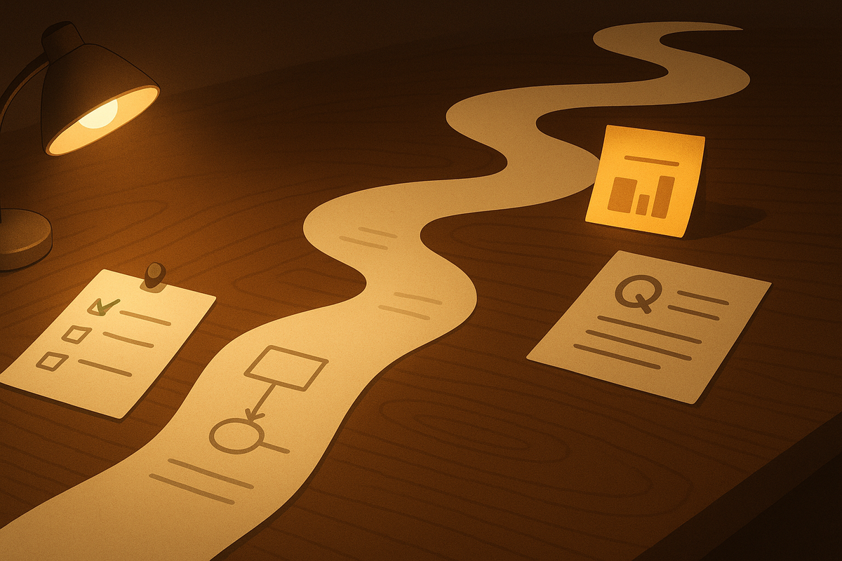 Warm desk with lamp and a winding paper roadmap past a checklist, diagram, Q note, and mini chart—cozy long-read journey, bingeable depth, keep-scrolling momentum