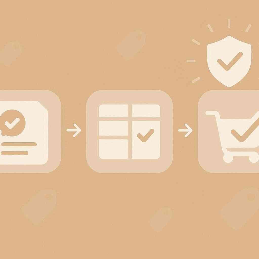 Minimal conversion funnel icons—verified guide → comparison grid → cart checkmark with trust shield—frictionless path to purchase, calm authority, conversion-ready confidence