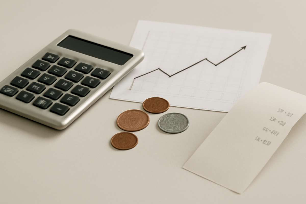 Calculator, upward line chart, coins, and receipt on a neutral desk—transparent savings math, realistic examples, trust-building money sense and calm clarity