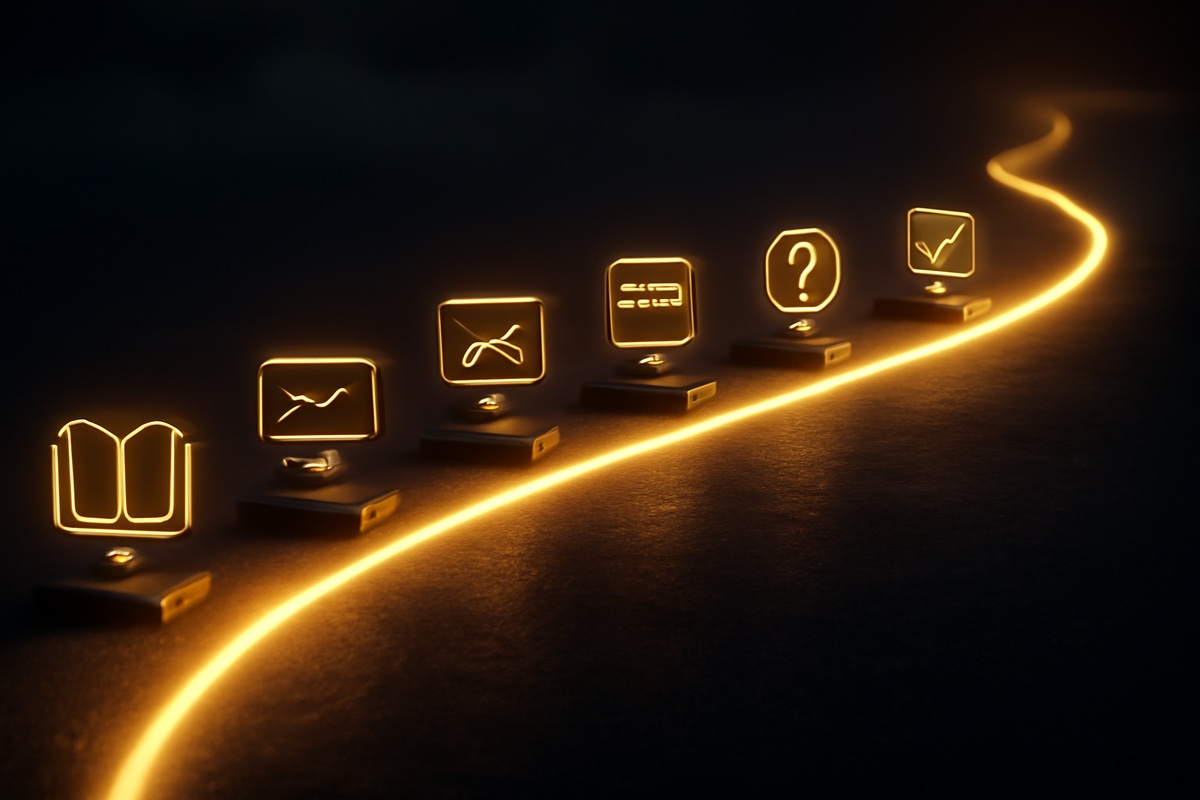 Golden glowing path with milestone icons—intro, analysis, table, Q&A, checklist, final check—cinematic roadmap for a 10k-word master guide, forward-driving motivation