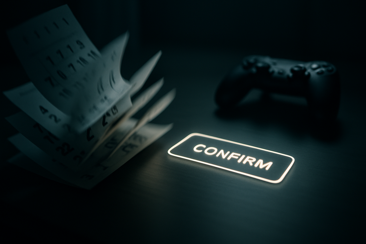 Motion-blurred calendar pages rushing toward a glowing CONFIRM button beside a generic game controller—preorder countdown, urgent FOMO, adrenaline-spiked decision moment