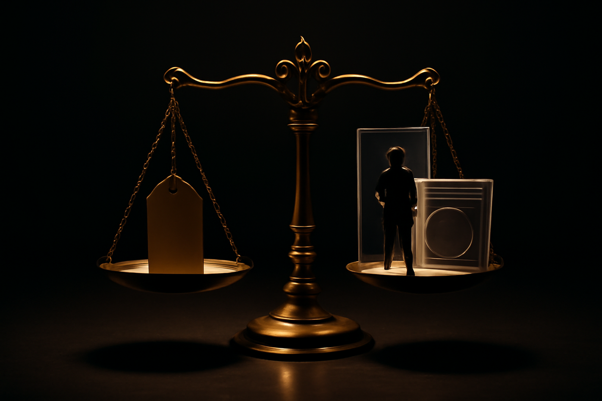 Golden balance scale weighing a blank price tag against collector items—figure silhouette, acrylic display, disc case—value judgment scene, rational vs emotional pull, is the premium price fair?