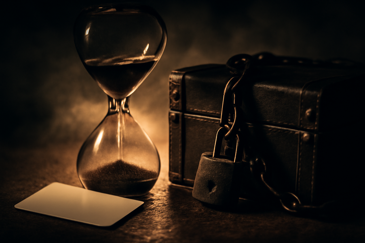 Hourglass almost empty next to a chained lockbox and a blank code card—expiration warning, single-use risk, tense and cautionary atmosphere