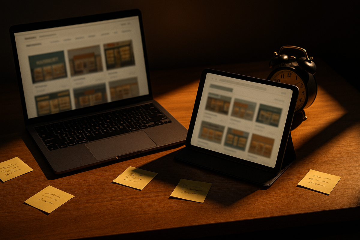 Strategy desk with laptop and tablet showing blurred storefront grids, sticky notes, and an alarm clock—multi-site preorder plan, determined mindset, winning purchase strategy at golden hour