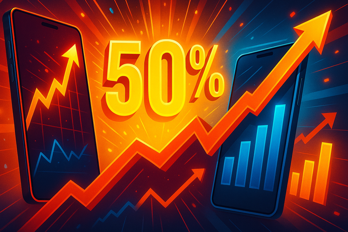 Explosive 50% discount graphic with glowing arrows and rising charts—electric thrill, savings celebration, and dramatic momentum